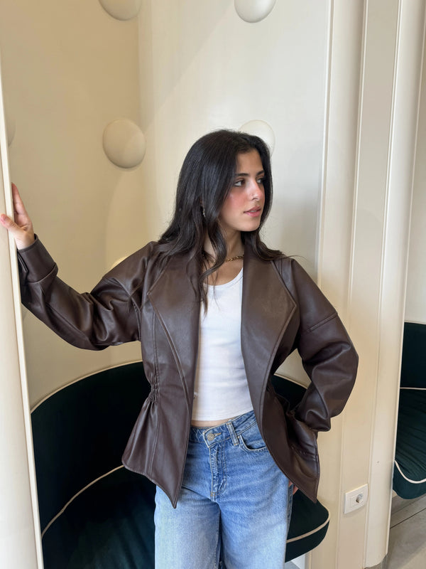 Tie-Waist Leather Jacket Brown