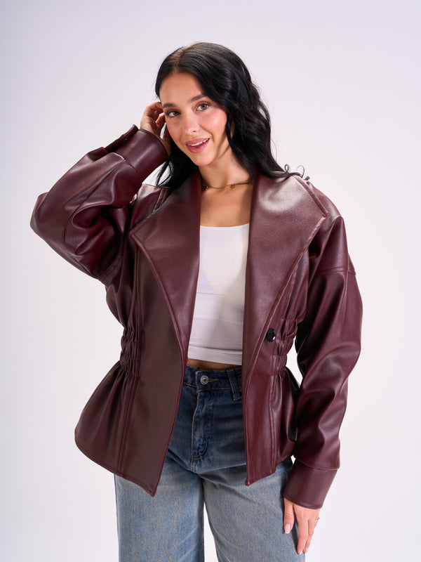 Tie-Waist Leather Jacket Burgundy