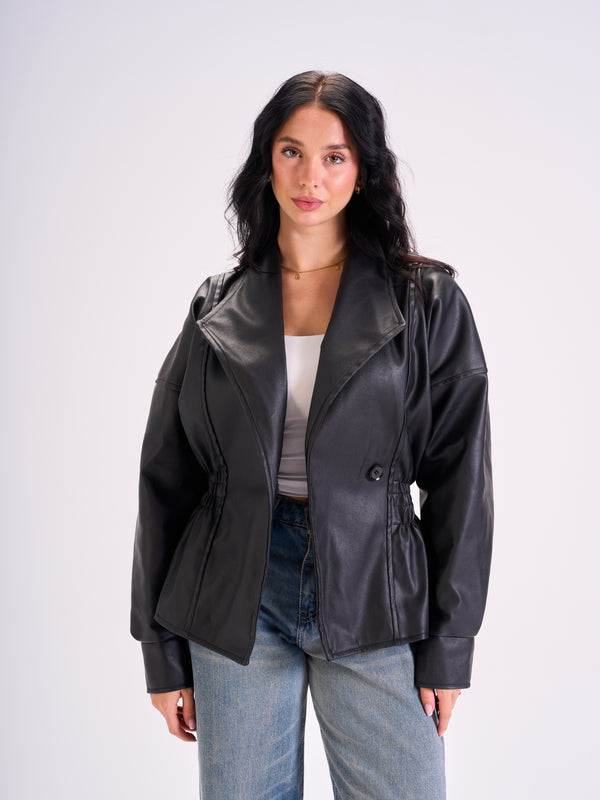 Tie-Waist Leather Jacket Black